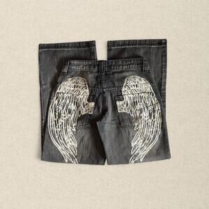 Y2K Faded Grey Jeans White Angel Wing Graphic sz 3 Disclosure